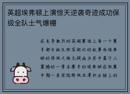 英超埃弗顿上演惊天逆袭奇迹成功保级全队士气爆棚